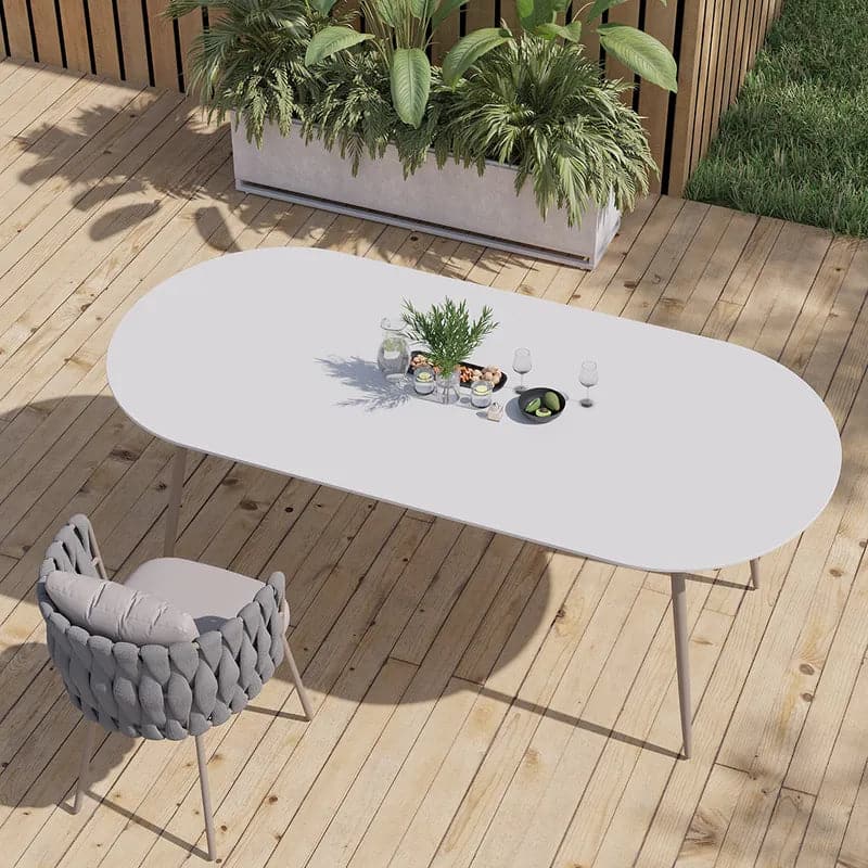 6 - Person Oval Faux Marble Top & Aluminum Outdoor Patio Dinning Table in White & Gray