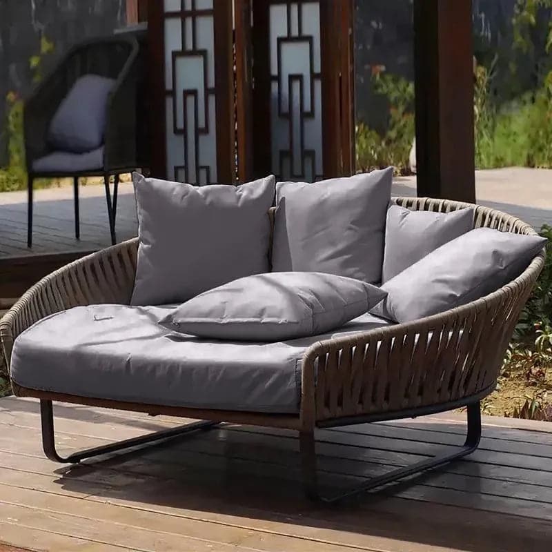 63 Rattan Outdoor Daybed with Khaki Cushion Pillow Aluminum Frame