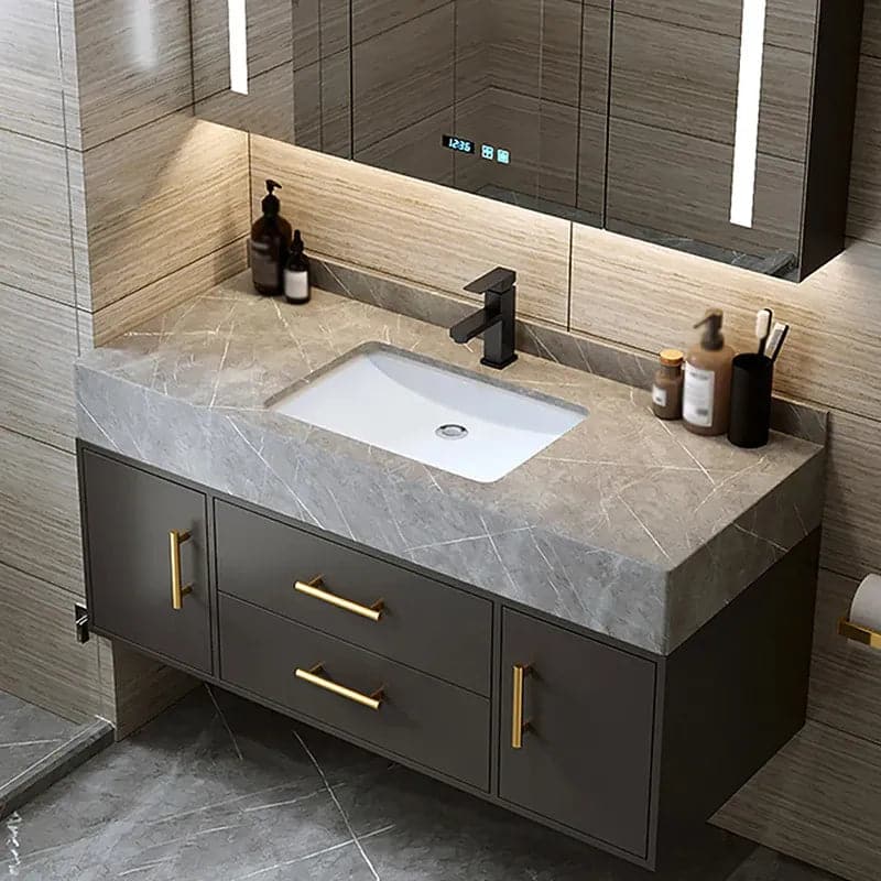 Modern 39" Floating Black Bathroom Vanity Stone Top Wall Mounted Bathroom Cabinet