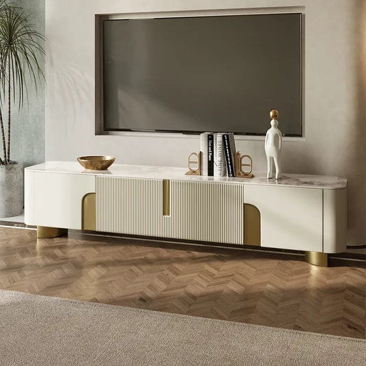 Modern Beige TV Stand Stone Top 4 Doors with Storage Media Console for TVs up to 85"
