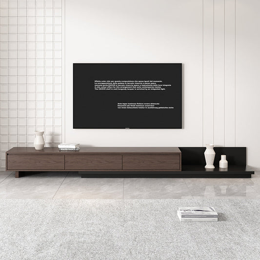 Modern Dark Walnut & Black Minimalist Retractable TV Stand Extendable Media Console with 3 Retracted Drawers Up to 120"