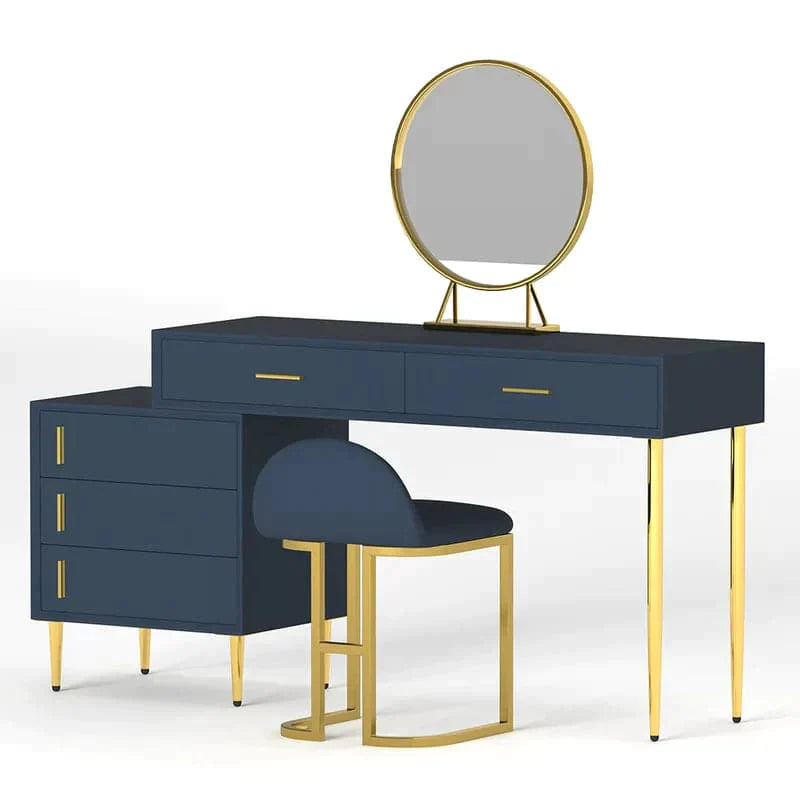 Modern Blue Makeup Vanity Set Retracted Dressing Table Cabinet&Stool&Mirror Included