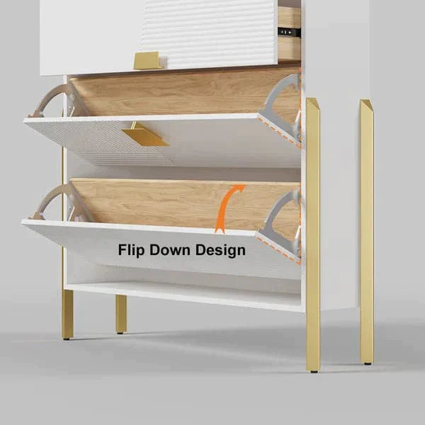 Modern Entryway White Shoe Storage Narrow Shoe Cabinet with 2 Flip Doors & 1 Drawer