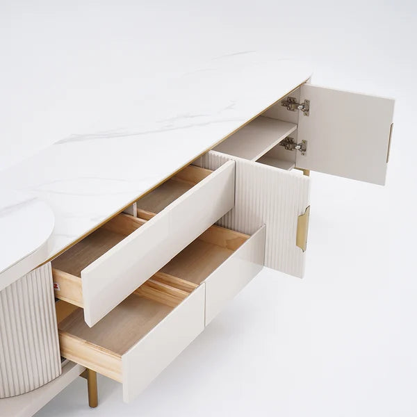 Off White Oval Retractable Sintered Stone TV Stand Media Console with 4 Drawers