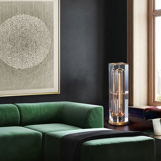 Postmodern 1-Light Crystal Table Lamp with On Off Switch in Antique Brass