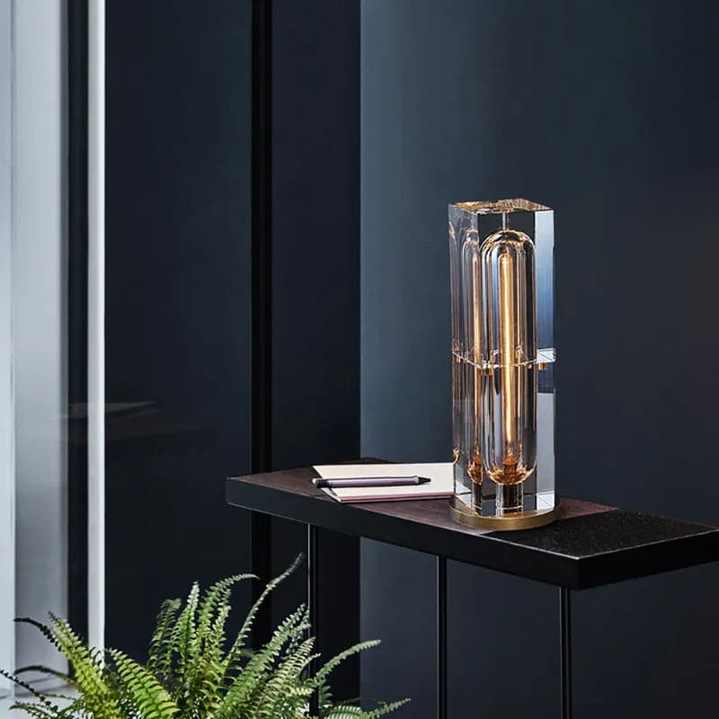 Postmodern 1-Light Crystal Table Lamp with On Off Switch in Antique Brass
