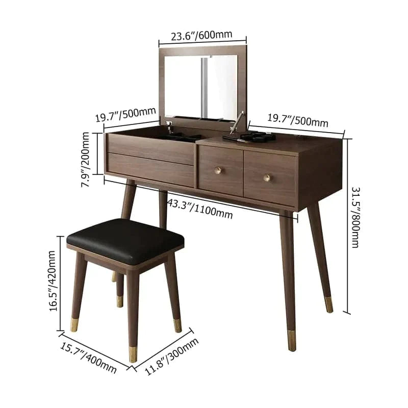 Ultic Classic Walnut Makeup Vanity Set with Flip-top Mirror & Stool