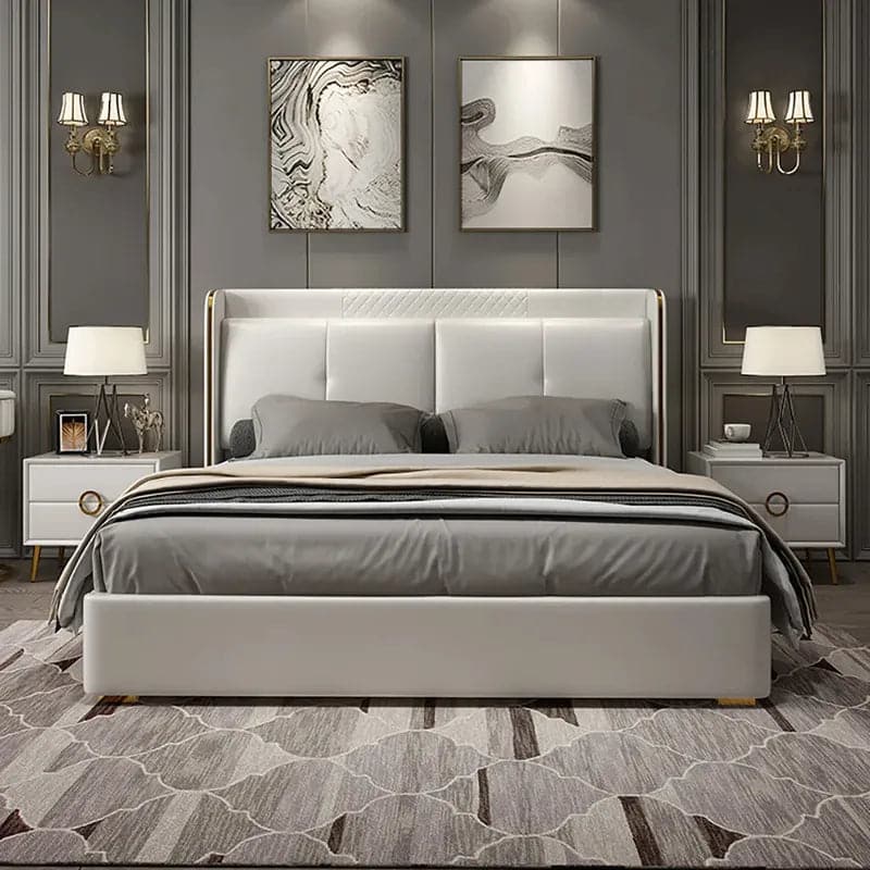 White Wingback King Bed with Faux Leather Upholstered Headboard & Wood Slats