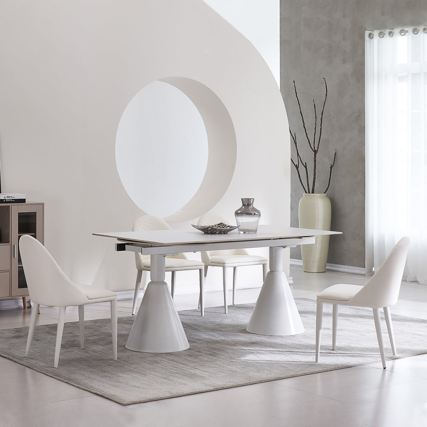 94.9" Modern Oval Extendable White Dining Table For 8 Seater With Sintered Stone Top & Stainless Steel Base