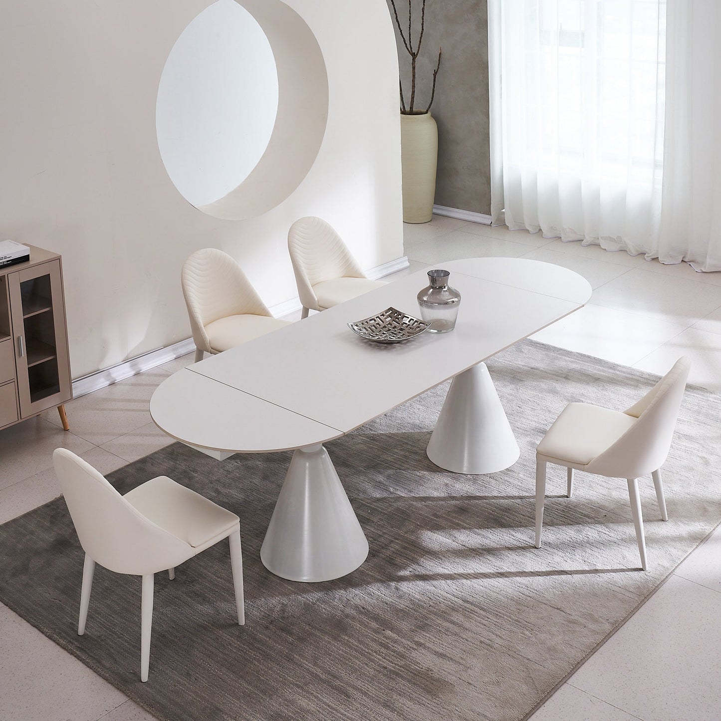 94.9" Modern Oval Extendable White Dining Table For 8 Seater With Sintered Stone Top & Stainless Steel Base