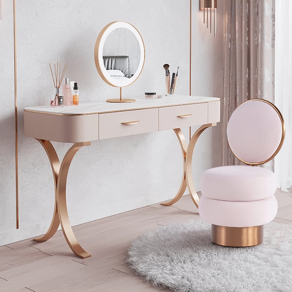 Pink Velvet Vanity Stool With Back Round Tufted Accent Chair Rose Gold