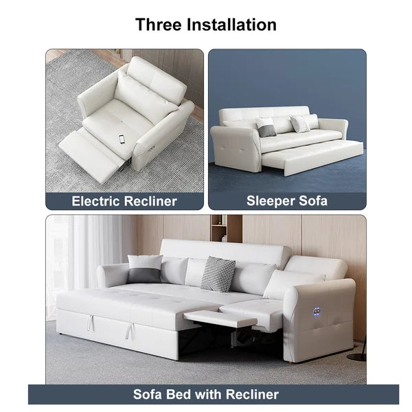 109" Power Reclining Sleeper Sofa Bed Convertible White Leath-Aire Tufted Upholstered