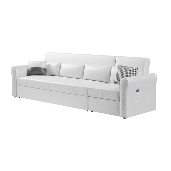 109" Power Reclining Sleeper Sofa Bed Convertible White Leath-Aire Tufted Upholstered