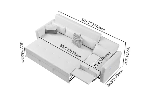 109" Power Reclining Sleeper Sofa Bed Convertible White Leath-Aire Tufted Upholstered