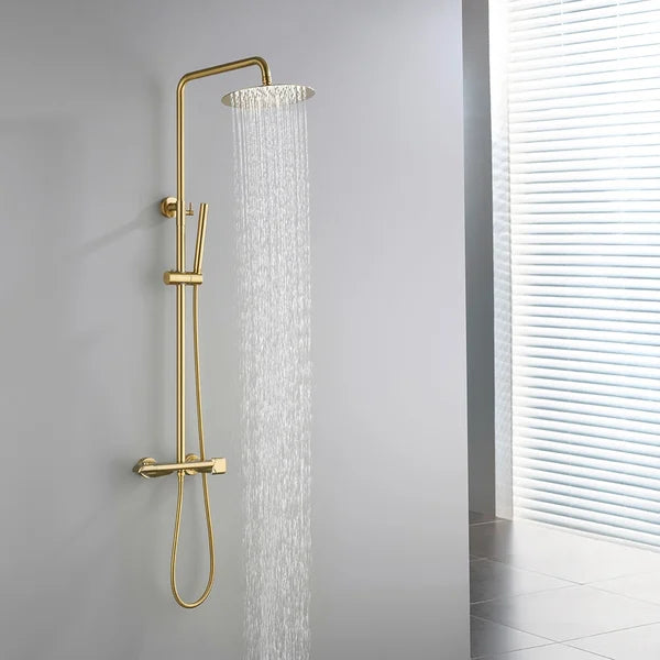 10" Modern Luxury Exposed Shower Fixture Thermostatic Rainfall Shower Head Brushed Gold