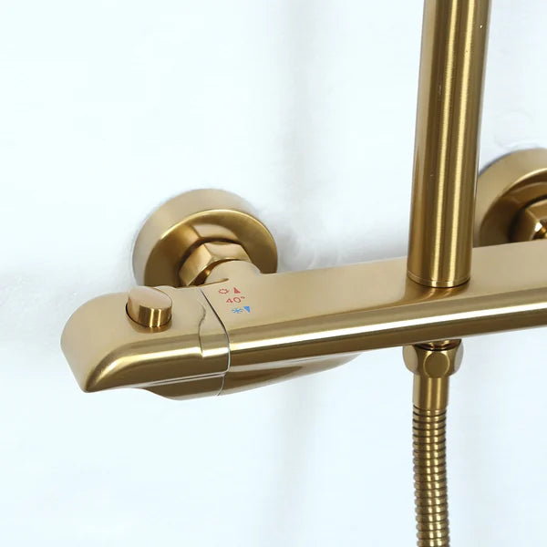 10" Modern Luxury Exposed Shower Fixture Thermostatic Rainfall Shower Head Brushed Gold