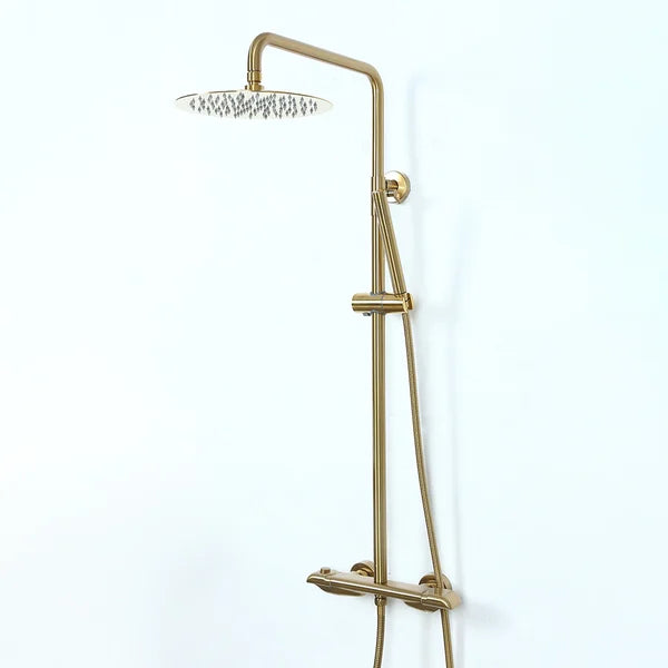 10" Modern Luxury Exposed Shower Fixture Thermostatic Rainfall Shower Head Brushed Gold