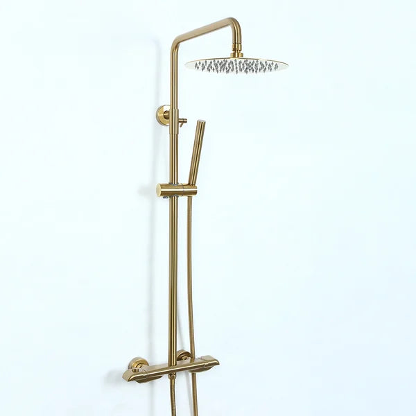 10" Modern Luxury Exposed Shower Fixture Thermostatic Rainfall Shower Head Brushed Gold