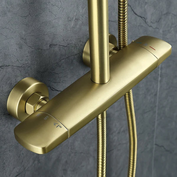 10" Modern Luxury Exposed Shower Fixture Thermostatic Rainfall Shower Head Brushed Gold