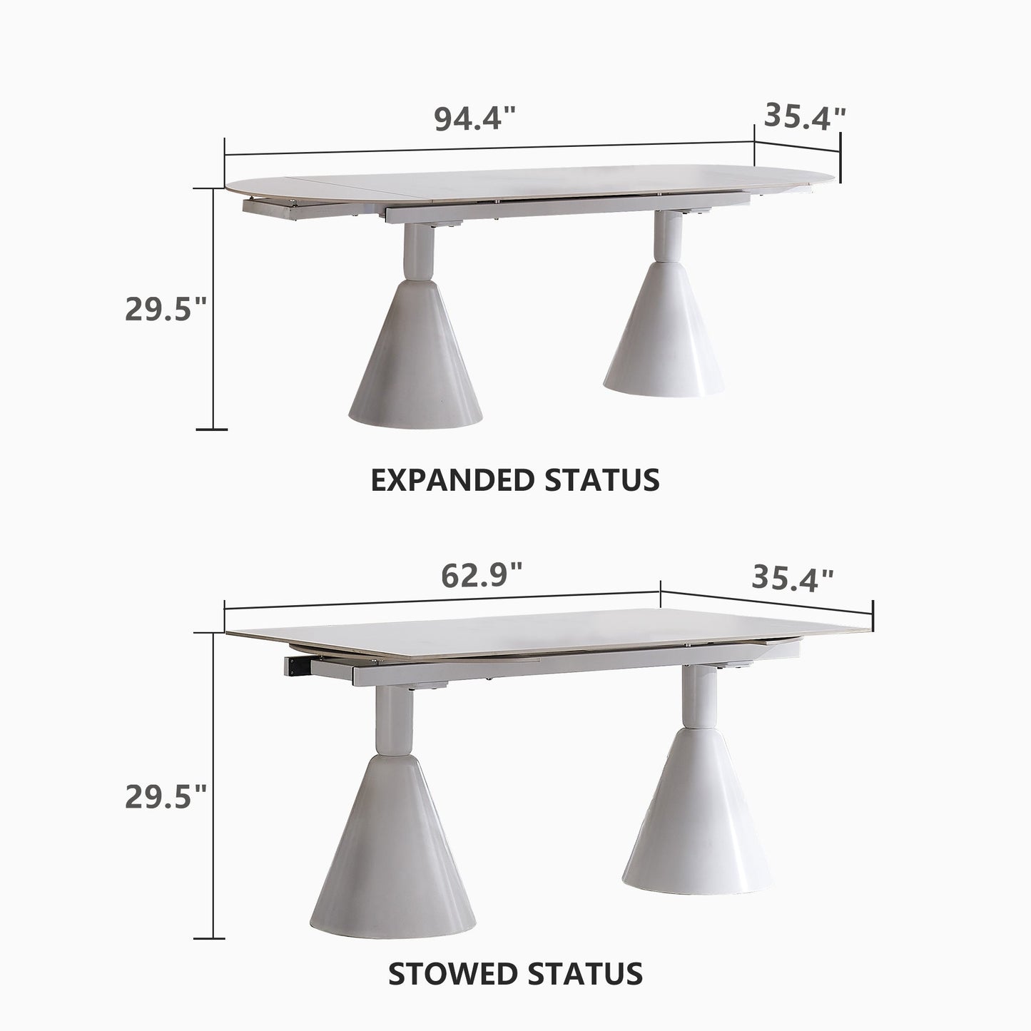 94.9" Modern Oval Extendable White Dining Table For 8 Seater With Sintered Stone Top & Stainless Steel Base