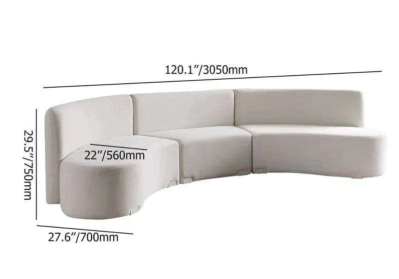 120" Modern White Curved Sectional Floor Sofa Velvet Upholstery for Living Room