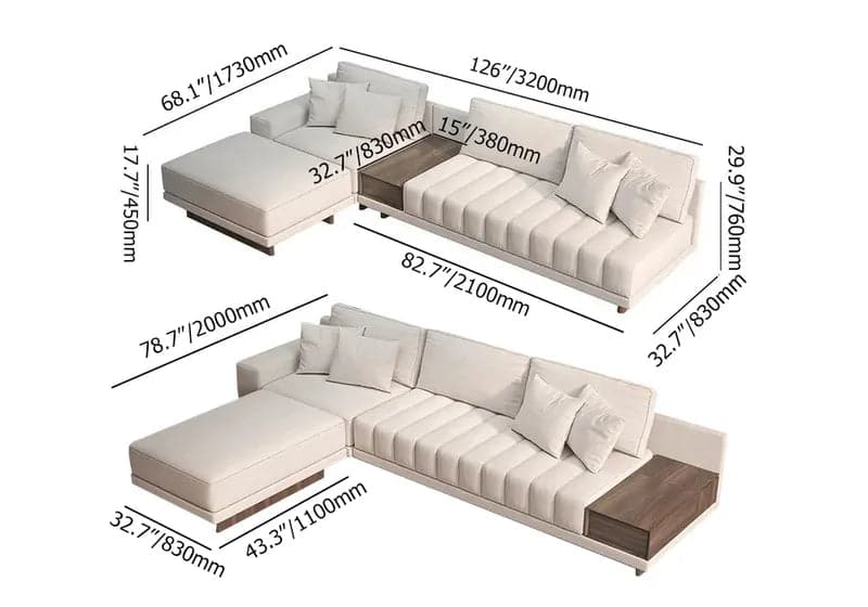 126" L-Shaped Off-White Modular Sectional Sofa Chaise with Ottoman for Living Room