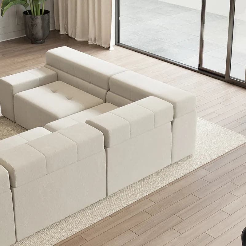 133" L-Shaped Modern Off White Velvet Modular Sectional Sofa with Chaise