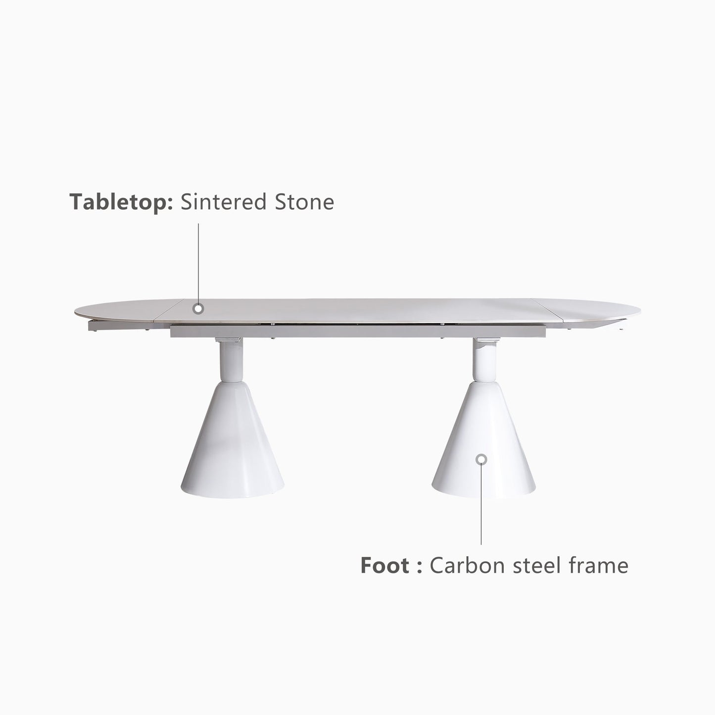 94.9" Modern Oval Extendable White Dining Table For 8 Seater With Sintered Stone Top & Stainless Steel Base