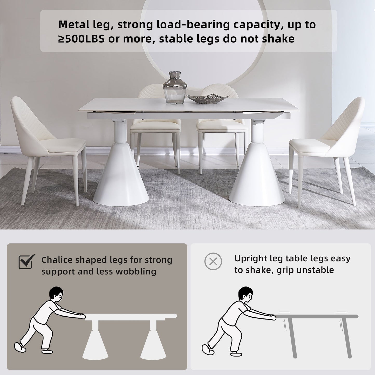 94.9" Modern Oval Extendable White Dining Table For 8 Seater With Sintered Stone Top & Stainless Steel Base