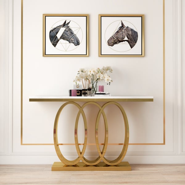 47.2" Narrow Modern White Console Table with Faux Marble Top & Stainless Steel Base