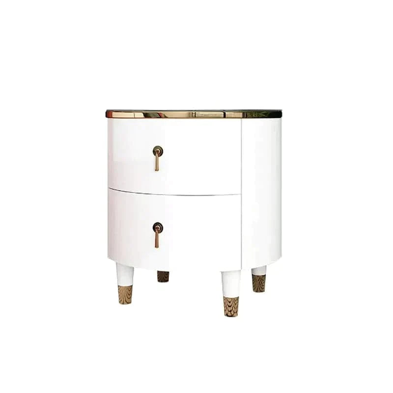 2-Drawer Round Nightstand Modern White Nightstand in Gold Finish