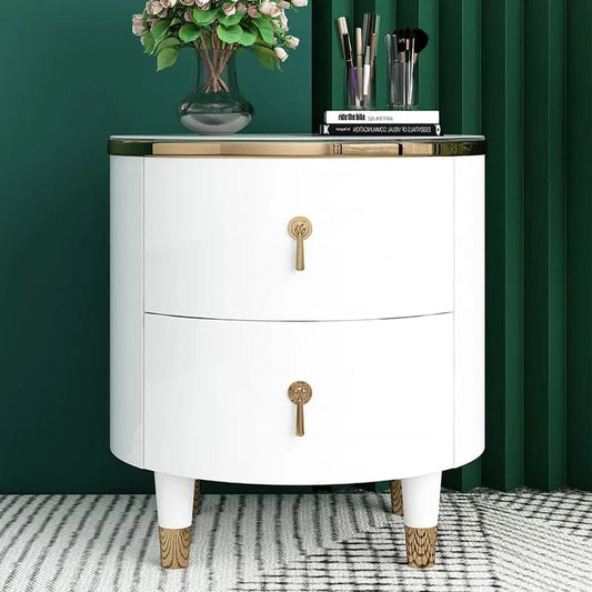 2-Drawer Round Nightstand Modern White Nightstand in Gold Finish