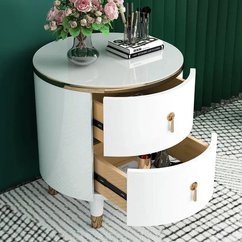 2-Drawer Round Nightstand Modern White Nightstand in Gold Finish