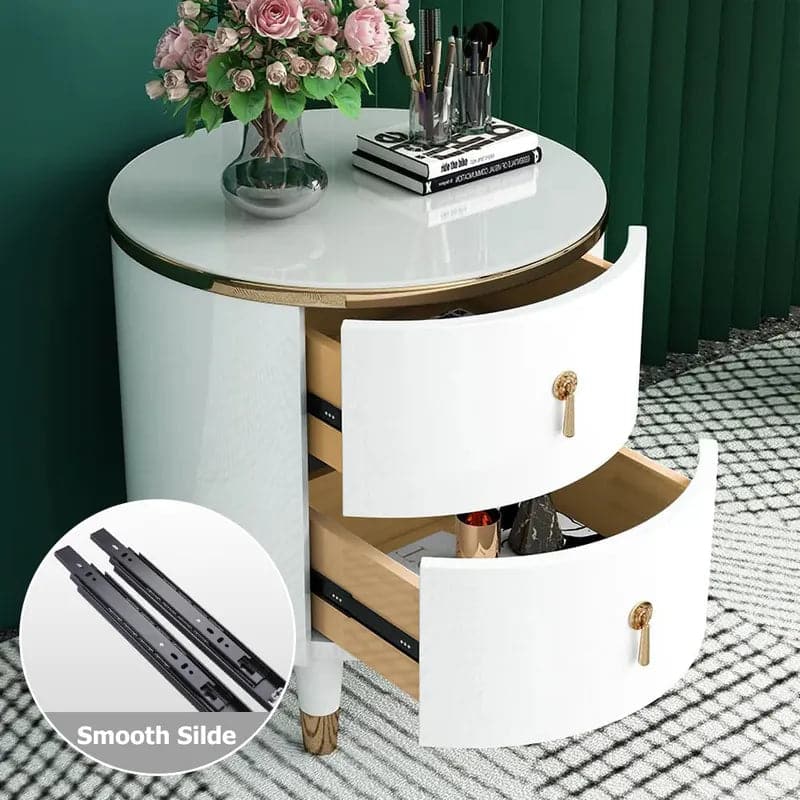 2-Drawer Round Nightstand Modern White Nightstand in Gold Finish