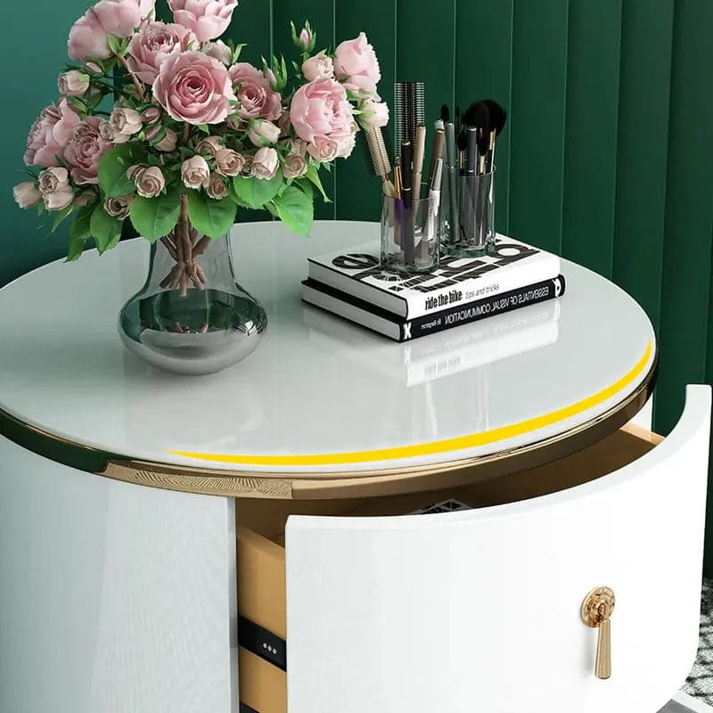 2-Drawer Round Nightstand Modern White Nightstand in Gold Finish