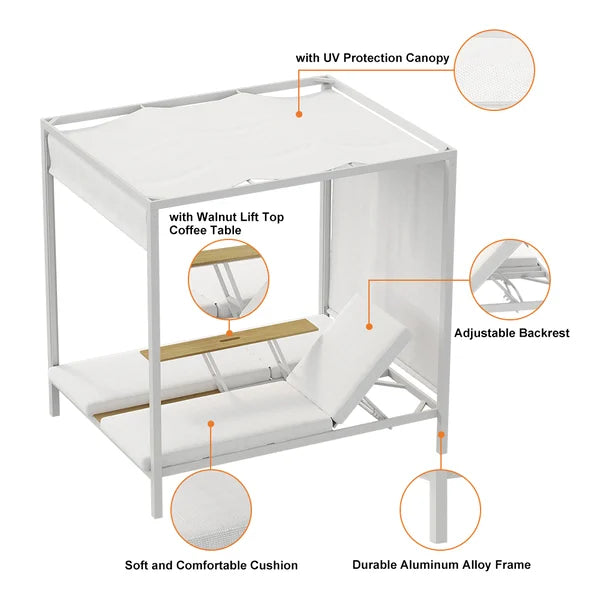 2-Person White Aluminum Outdoor Patio Daybed with Canopy & Walnut Lift Top Coffee Table