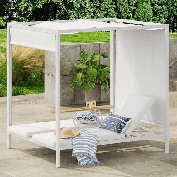 2-Person White Aluminum Outdoor Patio Daybed with Canopy & Walnut Lift Top Coffee Table