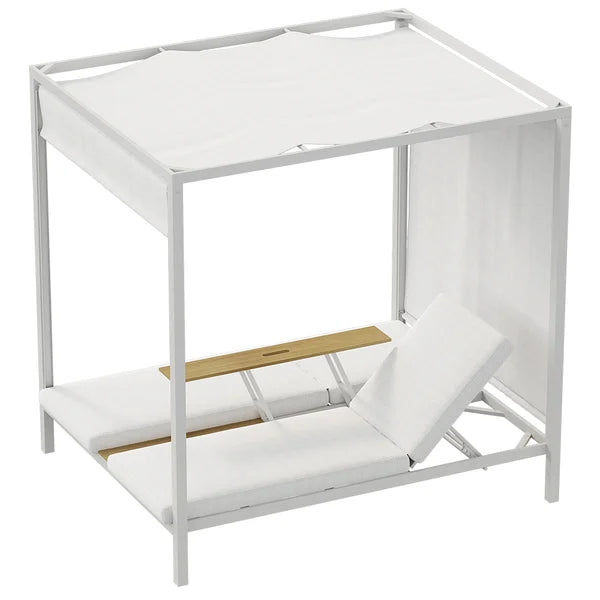 2-Person White Aluminum Outdoor Patio Daybed with Canopy & Walnut Lift Top Coffee Table