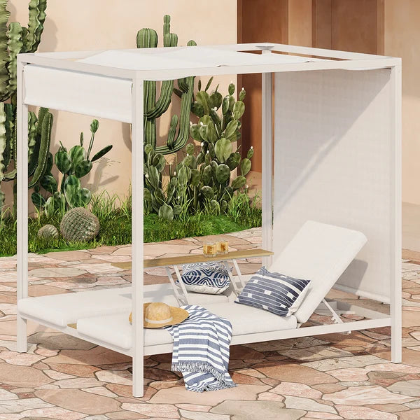 2-Person White Aluminum Outdoor Patio Daybed with Canopy & Walnut Lift Top Coffee Table