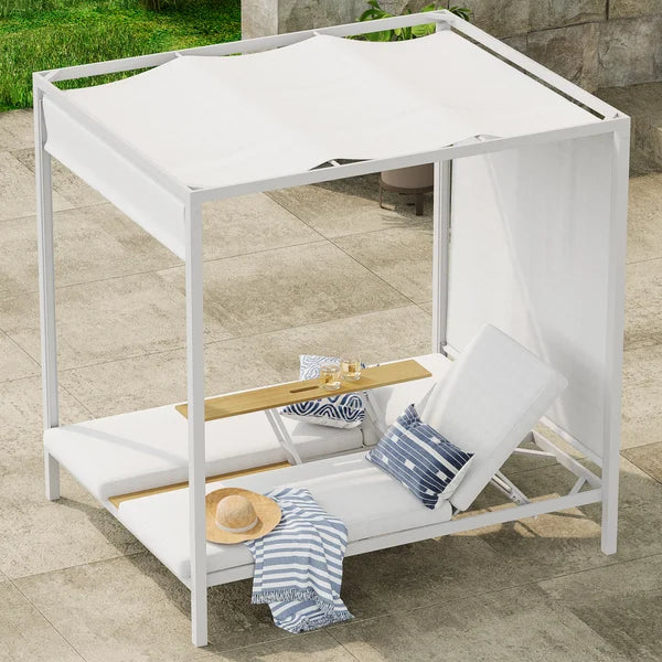 2-Person White Aluminum Outdoor Patio Daybed with Canopy & Walnut Lift Top Coffee Table