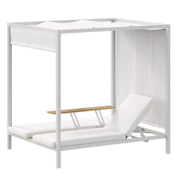 2-Person White Aluminum Outdoor Patio Daybed with Canopy & Walnut Lift Top Coffee Table