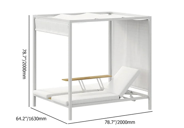 2-Person White Aluminum Outdoor Patio Daybed with Canopy & Walnut Lift Top Coffee Table