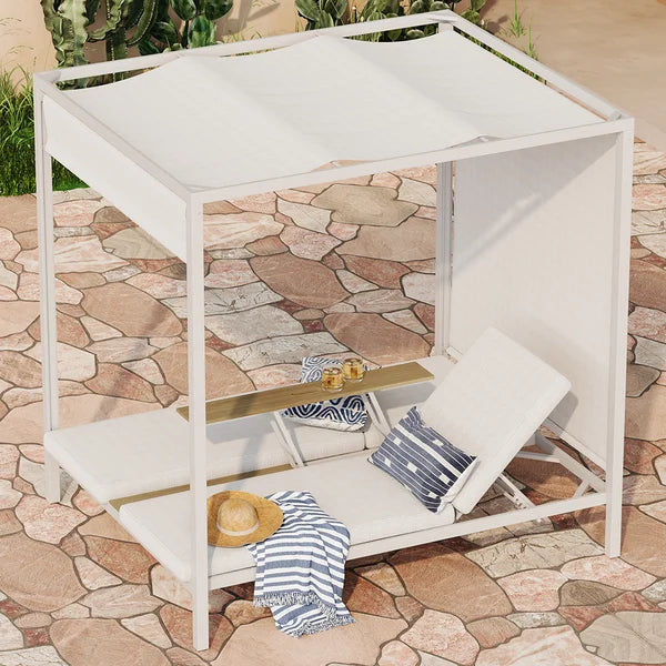 2-Person White Aluminum Outdoor Patio Daybed with Canopy & Walnut Lift Top Coffee Table