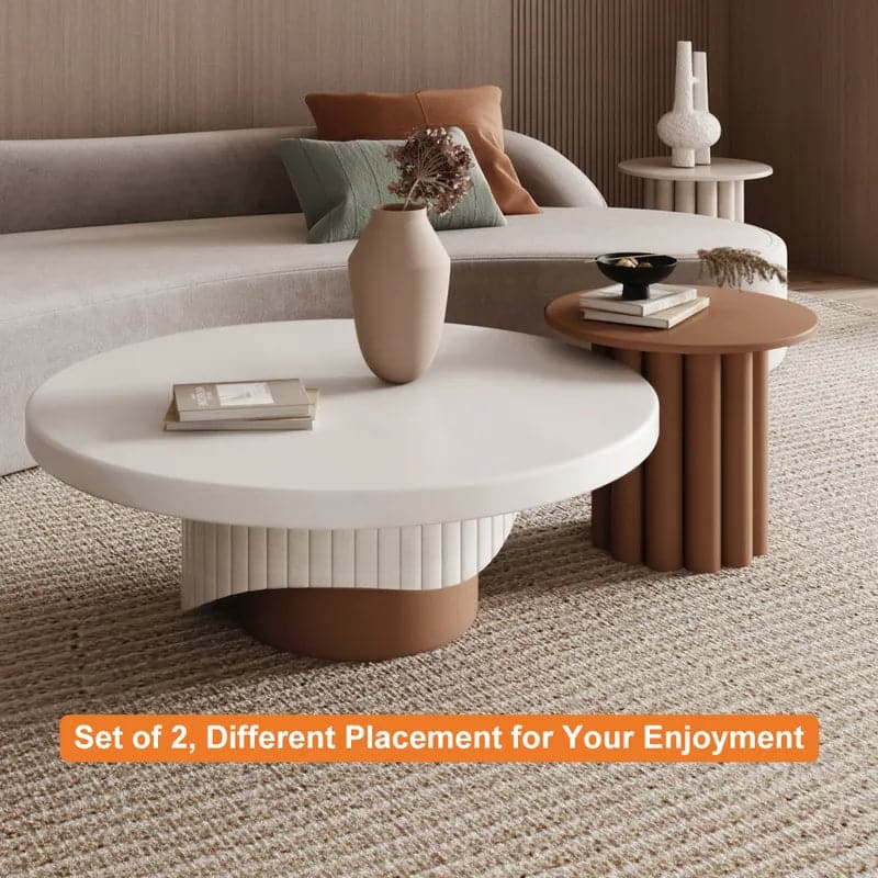 2-Piece Round Wood Coffee Table Set with Fluted Base in White & Walnut