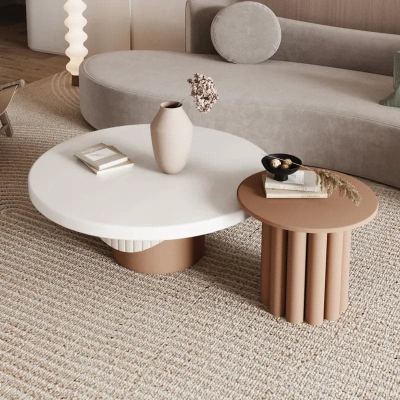 2-Piece Round Wood Coffee Table Set with Fluted Base in White & Walnut