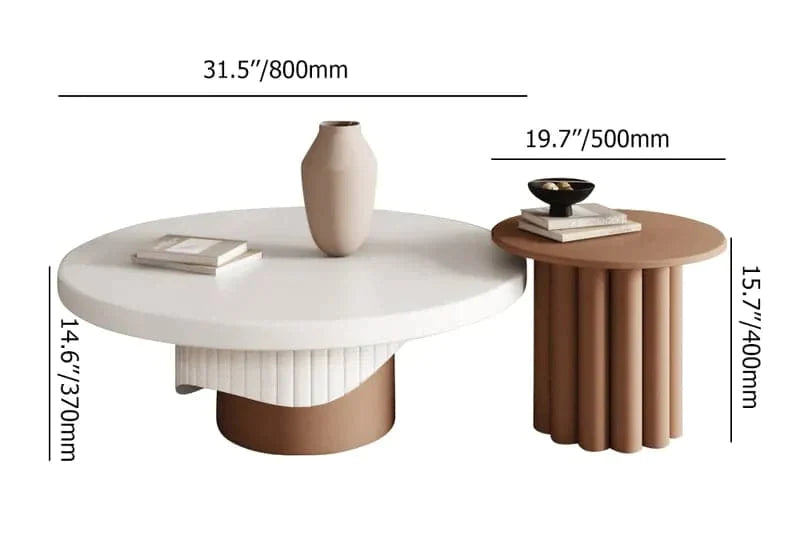 2-Piece Round Wood Coffee Table Set with Fluted Base in White & Walnut