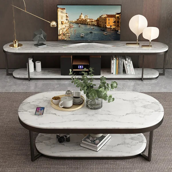 2-Tiered Modern Marble Coffee Table Black & White with Shelf Metal Frame