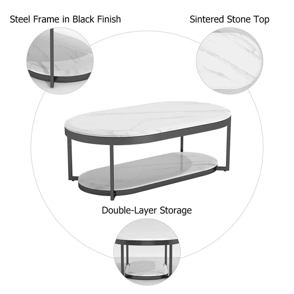 2-Tiered Modern Marble Coffee Table Black & White with Shelf Metal Frame