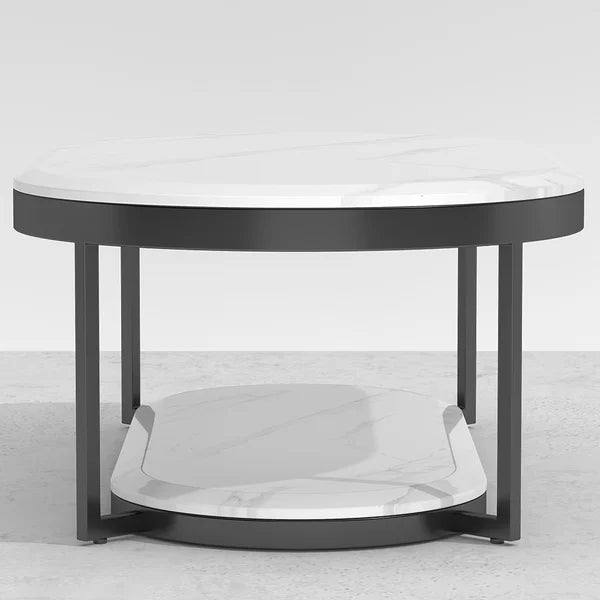 2-Tiered Modern Marble Coffee Table Black & White with Shelf Metal Frame