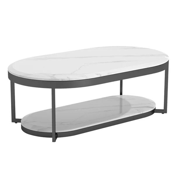 2-Tiered Modern Marble Coffee Table Black & White with Shelf Metal Frame